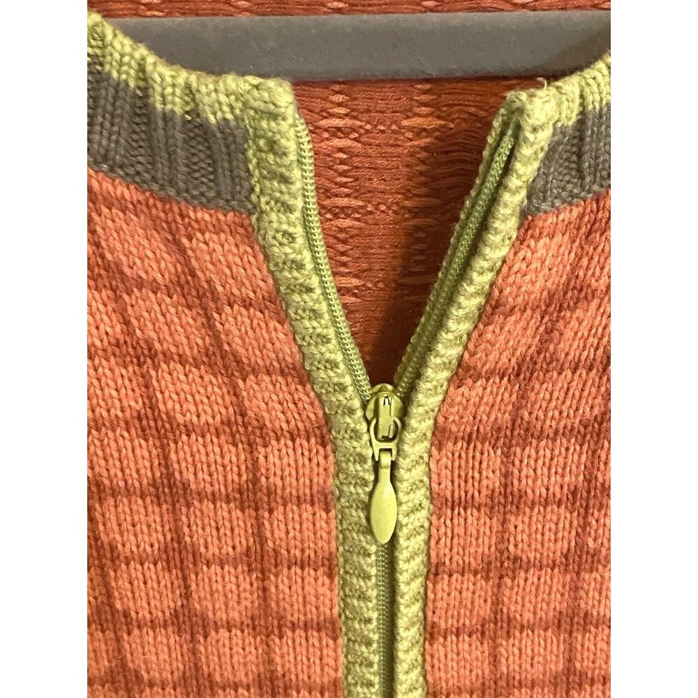 Talbots Womens Cardigan Sweater L Orange/Green Checkered Pattern Elbow patches - Picture 5 of 10